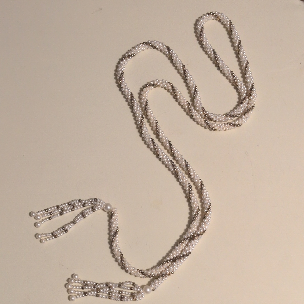Elegant Gold And Pearl Beaded‎ Costume Necklace 58"